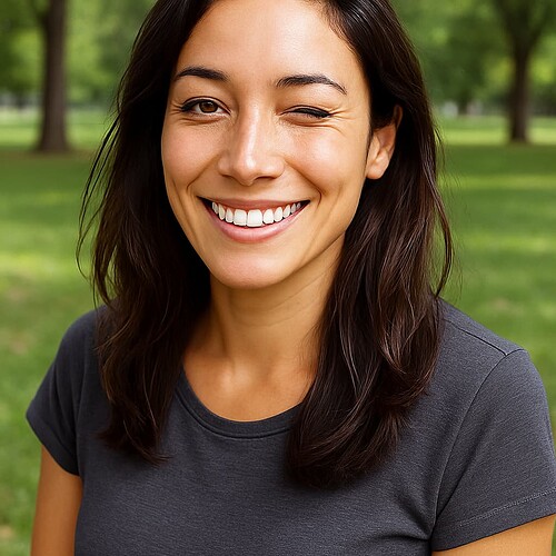 A young woman with dark hair is smiling and winking while standing outdoors in a park. (Captioned by AI)