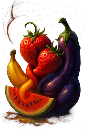 A surreal arrangement of vibrant fruits and vegetables, including entwined strawberries, a banana, a watermelon slice, and an eggplant, all depicted in a stylized, painterly manner. (Captioned by AI)
