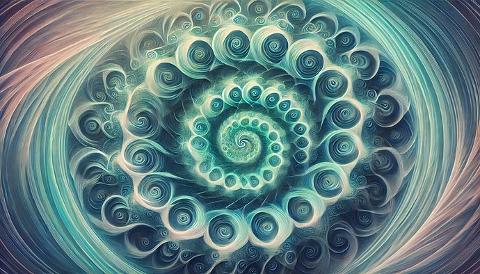 DALL·E 2024-11-02 23.59.28 - A wide aspect ratio surrealist image featuring an intricate pattern of spirals within spirals, all interlocking and layering into each other in revers