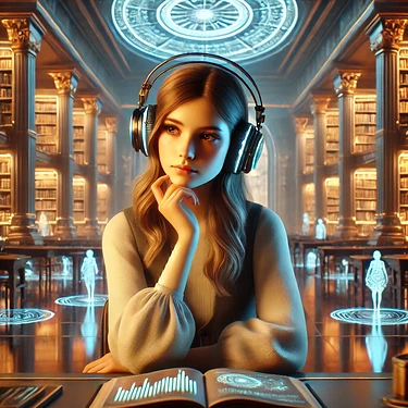 A young woman wearing headphones contemplates in a futuristic library filled with glowing holograms and ancient books. (Captioned by AI)