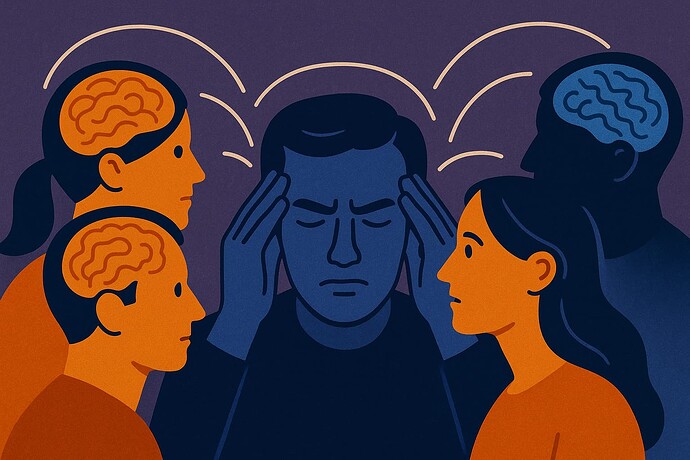 An illustration depicts a person holding their head in distress, surrounded by four other figures with visible brains, symbolizing mental stress and the pressure of external opinions. (Captioned by AI)