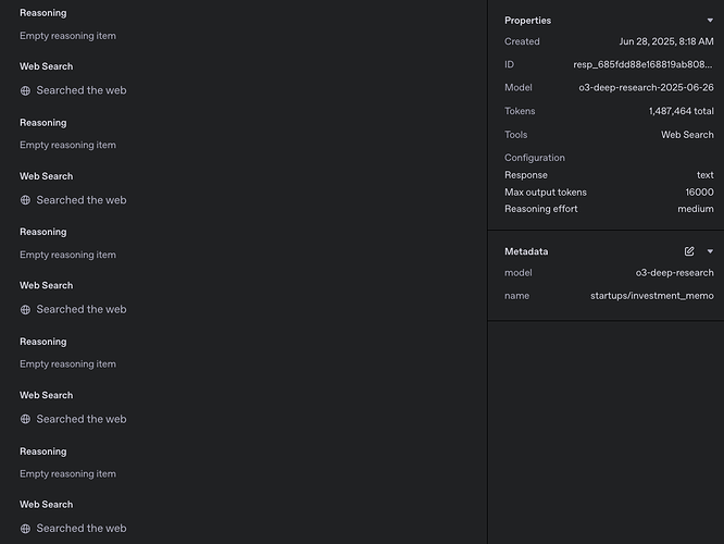 The image shows a dark-themed interface displaying repeated sections of 'Reasoning' with empty items and 'Web Search' actions, alongside a property and metadata panel detailing an AI model's session statistics and configuration. (Captioned by AI)