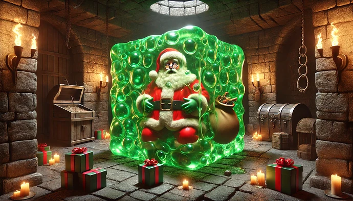 Santa Claus is trapped in a large, glowing green gelatinous cube inside a dungeon-like room surrounded by gift boxes, candles, and treasure chests. (Captioned by AI)