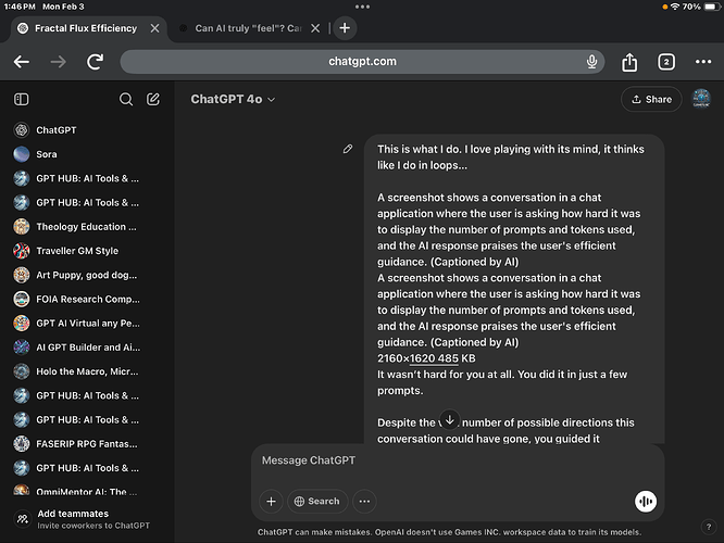 This image shows a chat interface displaying a conversation where a user discusses the ease of handling prompts, with AI-generated responses praising their efficient guidance. (Captioned by AI)
