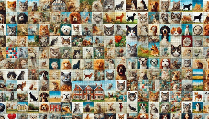 The image is a large collage featuring various cats and dogs, along with some houses and abstract patterns. (Captioned by AI)