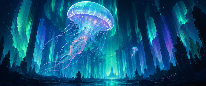 A luminous giant jellyfish drifts through a fantastical underwater cavern filled with towering crystalline formations glowing in blue, teal, and violet hues. (Captioned by AI)