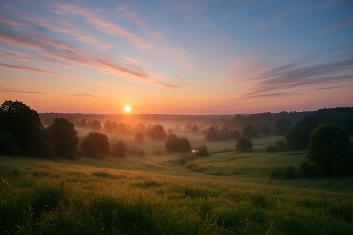 A serene sunrise casts a warm glow over a misty, tree-dotted landscape. (Captioned by AI)