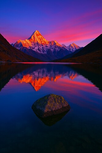 A stunning snow-capped mountain is bathed in vibrant sunrise colors, with its dramatic reflection mirrored in the still lake below and a mossy rock in the foreground. (Captioned by AI)