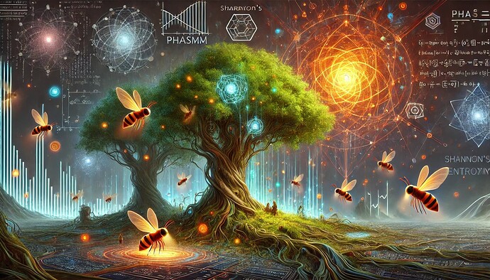 A surreal scene depicts glowing bees flying around trees against a backdrop of vibrant geometric patterns, mathematical equations, and a large radiant sun. (Captioned by AI)
