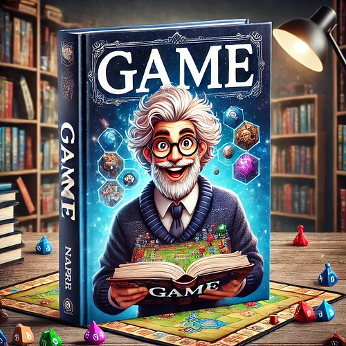 A vibrant board game cover depicts a cheerful, bearded character reading a book, surrounded by game elements and dice, set in a cozy library setting. (Captioned by AI)