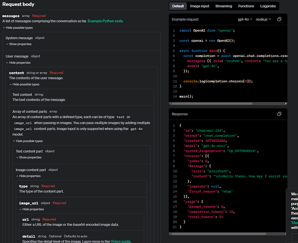 The image shows a web interface for making API requests to OpenAI's GPT-4 model with example code and parameters for the request body, along with a sample response. (Captioned by AI)