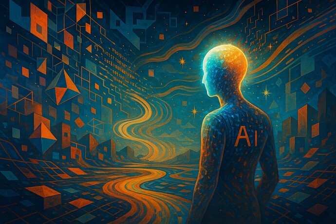 A glowing humanoid figure labeled 'AI' stands in a vibrant, abstract digital landscape filled with geometric shapes and streaming patterns of light. (Captioned by AI)