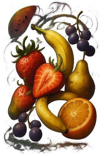 A vibrant still life painting featuring strawberries, bananas, grapes, a pear, an orange, and a slice of watermelon against a white background with dark swirling accents. (Captioned by AI)