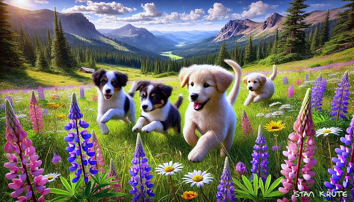 puppies romp in spring mountain meadow 01   LIGHTENED   1920x1097