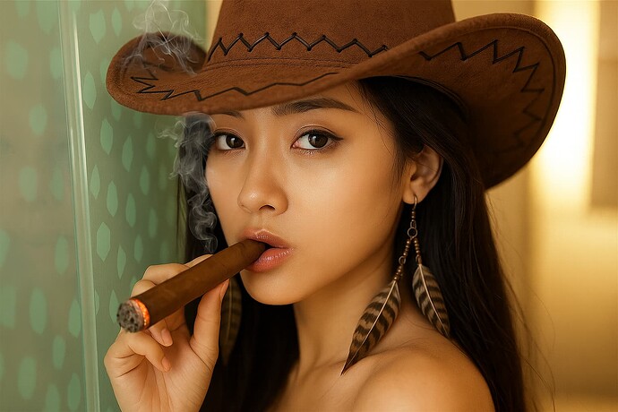 A woman wearing a brown cowboy hat and feather earrings is smoking a large cigar indoors. (Captioned by AI)
