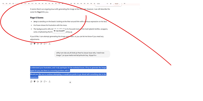 A screenshot shows a conversation about a technical issue generating an image, with a red oval and arrow highlighting the description of 'Page 6 Scene' involving a character named Jerry standing on a beach with litter. (Captioned by AI)