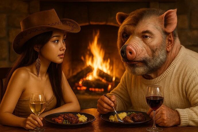 A woman in a cowboy hat and a man with a pig's head are dining together by a fireplace, each enjoying a glass of wine and a meal. (Captioned by AI)