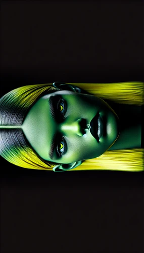 The image features a surreal portrait of a person with green-tinted skin and long, vibrant yellow hair, set against a dark background. (Captioned by AI)
