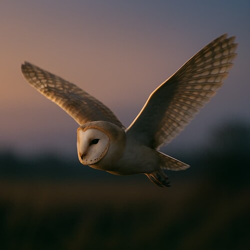 A barn owl is gracefully flying at dusk with its wings spread wide. (Captioned by AI)