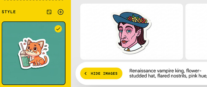 A cute cartoon cat sits next to a drink on the left, while a Renaissance-style portrait of a man with a flower-studded hat appears on the right. (Captioned by AI)