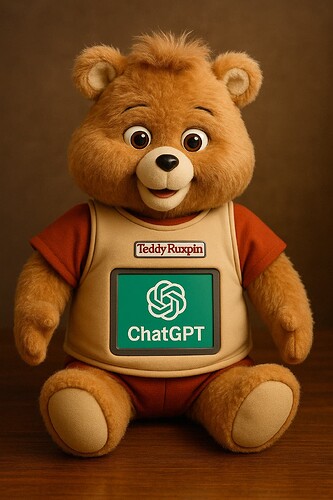 A plush teddy bear wearing a vest labeled "Teddy Ruxpin" features a screen displaying the ChatGPT logo. (Captioned by AI)