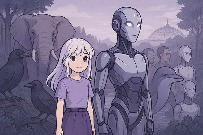 A young girl stands beside a humanoid robot in a serene setting surrounded by animals like elephants, crows, and a dolphin, as well as other humans and robots in the background. (Captioned by AI)