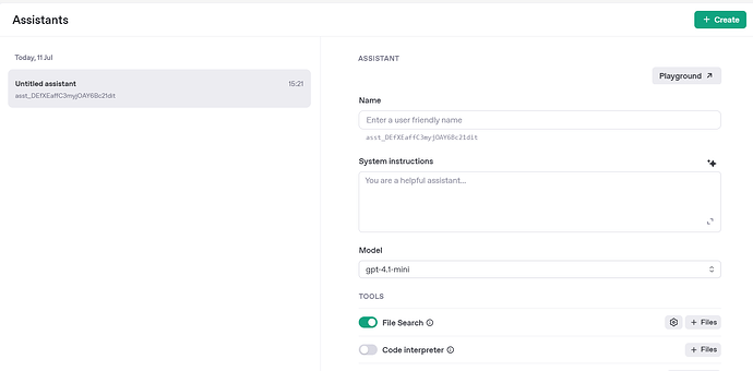 The image shows the interface of an AI assistant creation tool, with fields for naming, instructions, model selection, and tool toggles. (Captioned by AI)