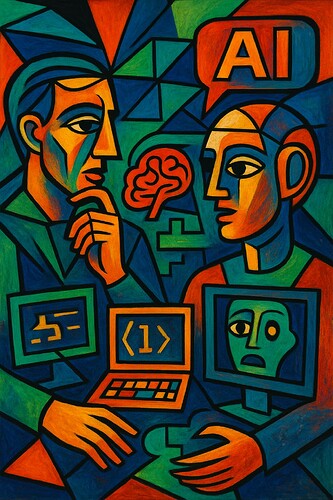A vibrant, abstract painting portrays a human and a robot having a thoughtful discussion about artificial intelligence, symbolized by speech bubbles, computer monitors, and a brain icon. (Captioned by AI)
