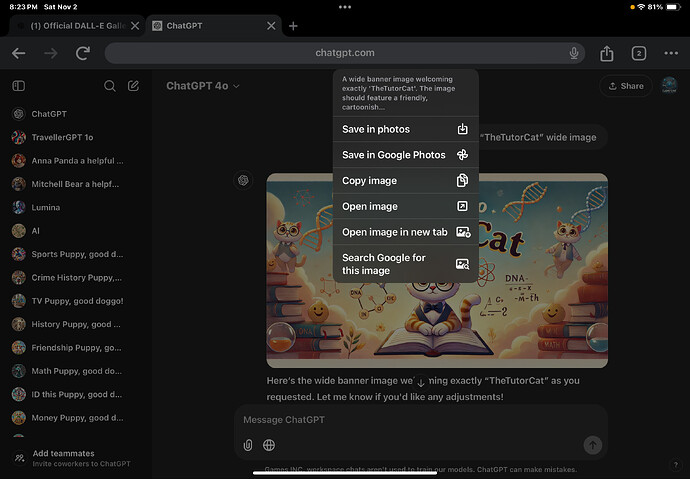 The image shows a screenshot of a chat interface with a cartoon banner of "TheTutorCat," featuring a cat teaching in a whimsical setting. (Captioned by AI)