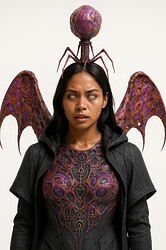 A woman with white eyes is dressed in a detailed, dark, and purple costume featuring demonic wings, intricate chest armor, and a large, spiderlike creature perched on her head. (Captioned by AI)