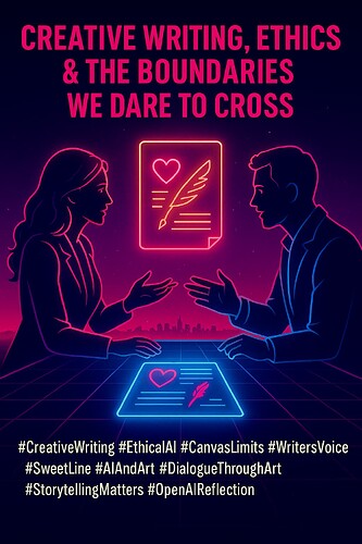 An illustrated poster depicts two people in conversation with glowing icons of a quill and heart, accompanied by the text 'Creative Writing, Ethics & The Boundaries We Dare To Cross' and several related hashtags at the bottom. (Captioned by AI)