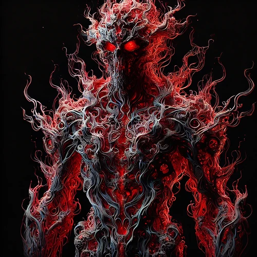 A fiery, demonic creature with glowing red eyes and swirling flames engulfs its intricately detailed form. (Captioned by AI)