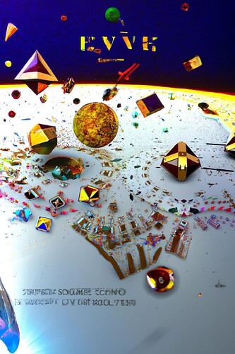 A surreal cosmic scene featuring geometric shapes and objects floating in space above a planetary horizon. (Captioned by AI)