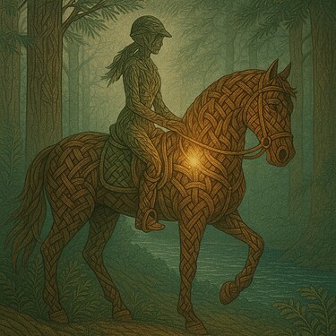 A person rides a horse woven from intricate Celtic knots, glowing with a mystical light, through a misty, enchanted forest. (Captioned by AI)