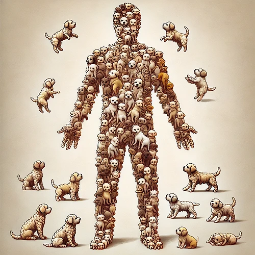 DALL·E 2024-10-30 18.33.42 - A surreal and whimsical illustration of a man composed entirely of many tiny, adorable puppies. The puppies are cuddled and arranged in a way that for