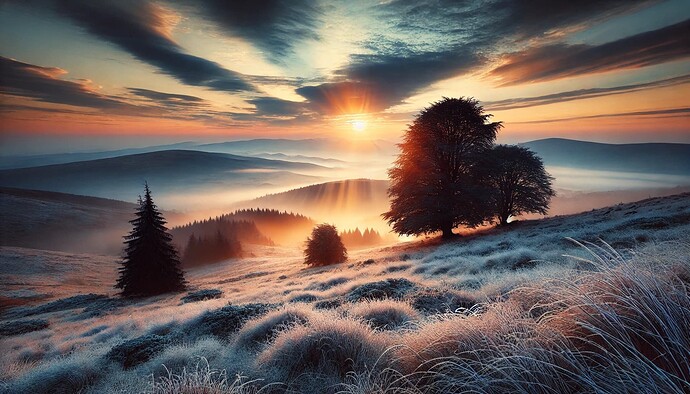 A frosty landscape with trees is illuminated by a vibrant sunrise, casting warm light across the misty hills. (Captioned by AI)
