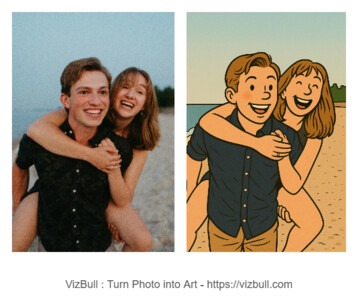 A happy couple poses for a playful piggyback photo on the beach, with the image shown both as a real photograph and a cartoon-style illustration. (Captioned by AI)