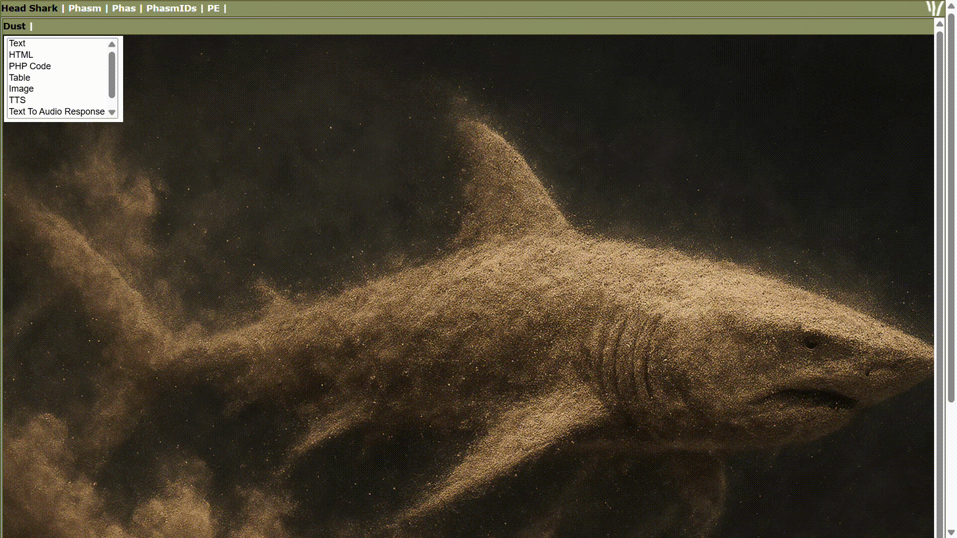 A detailed image of a shark appears to be formed entirely out of swirling dust particles on a dark background, displayed within a computer interface. (Captioned by AI)