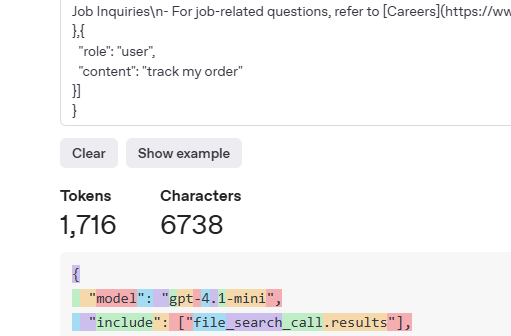 The image shows a user interface with code and statistics displaying the number of tokens (1,716) and characters (6,738), along with code referencing the 'gpt-4.1-mini' model. (Captioned by AI)
