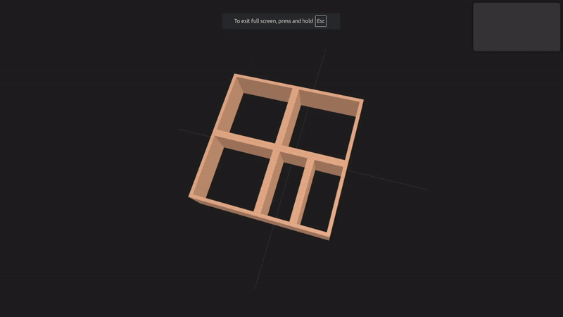 A 3D model of a wooden shelf with variously sized compartments is rotating on a black background. (Captioned by AI)
