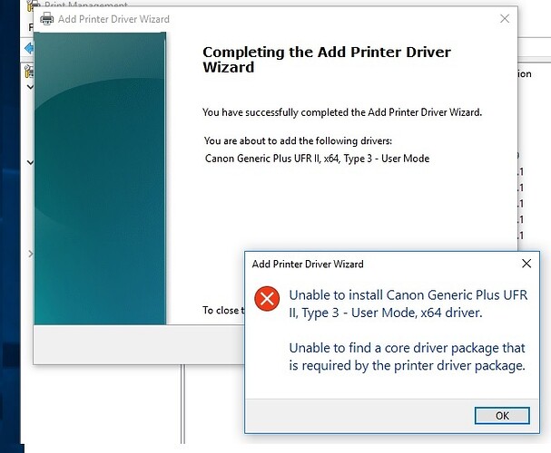 Add Printer Driver - unable to find Core Driver package