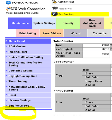 お客ページ Missing log access on Konica bizhub C284e - Hardware