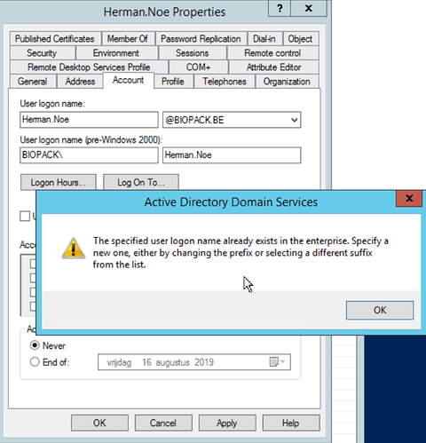 Active directory 2 accounts same name - Software & Applications