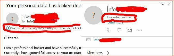 I got a scam email sent from 'me'. Outlook says unverified ...