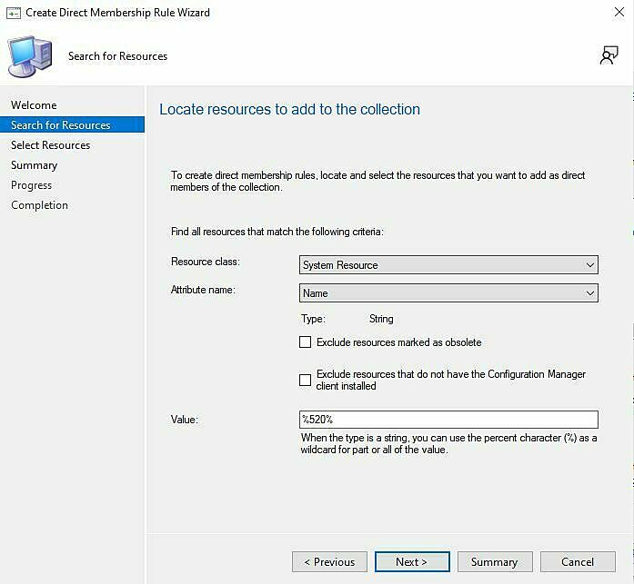 Device collection multiple different system resource values
