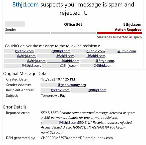 Microsoft 365 sends invalid user bounce emails as spam