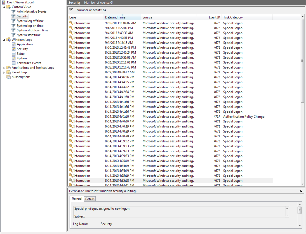 Event Viewer Special Logon