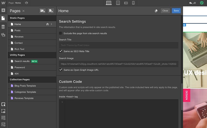 page settings search settings