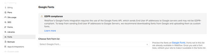 Webflow Site Settings Fonts Empty Google Fonts List