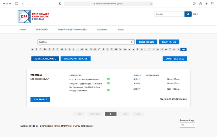 Data Privacy Framework Webfliw Listing